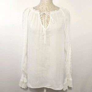 Women White Crochet Lace Embroidered Long Peasant Sleeve Cutout Tie Front Blouse